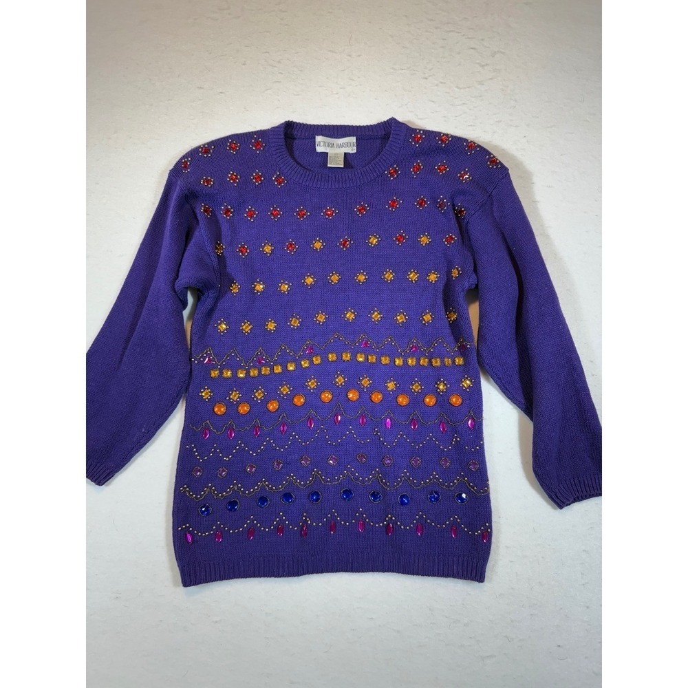 Victoria Harbour Beaded Purple Long Sleeve Sweater Women's Medium M Embellished